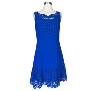 Blue Cocktail Dress Cobalt Sleeveless Laser Cutouts A-Line Round Neck Medium EUC